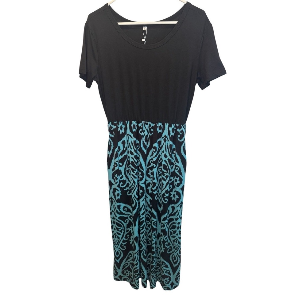 AUSELILY Womens Black Teal Knit Maxi Dress Damask Print Pockets L NEW